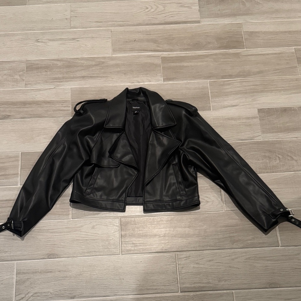 Boohoo Black Cropped Leather Jacket